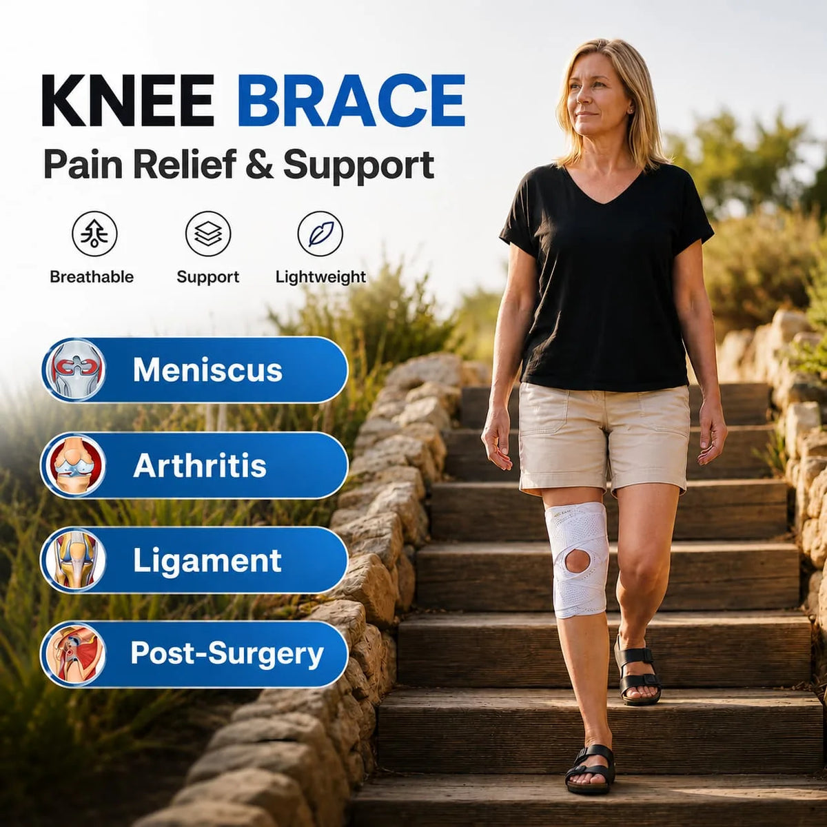 Stairly knee brace side view showing spring stabilizers