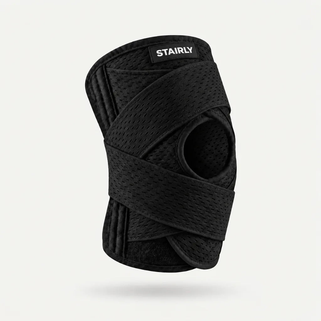 Stairly 4-spring knee brace with open patella and cross-wrap straps